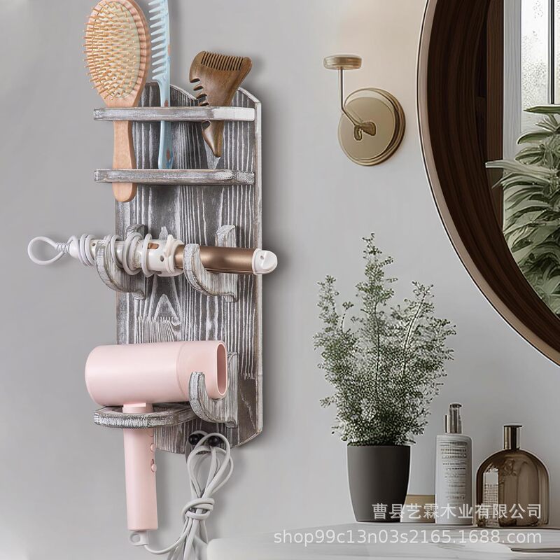 Hairdressing Tools Wall Hanger Rustic Wooden Hair Dryer Holder Bathroom Curler Flat Iron Tools Storage Rack