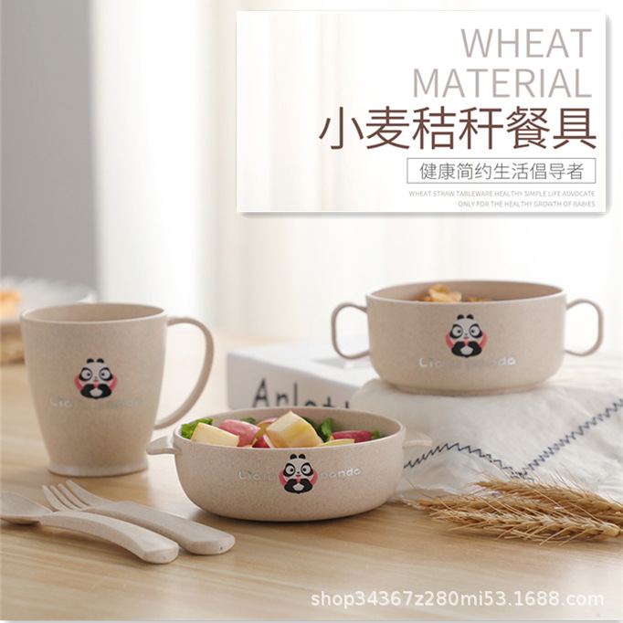 Wheat straw children's cartoon rice bowl set baby handle complementary bowl fall-resistant microwave household canteen wholesale