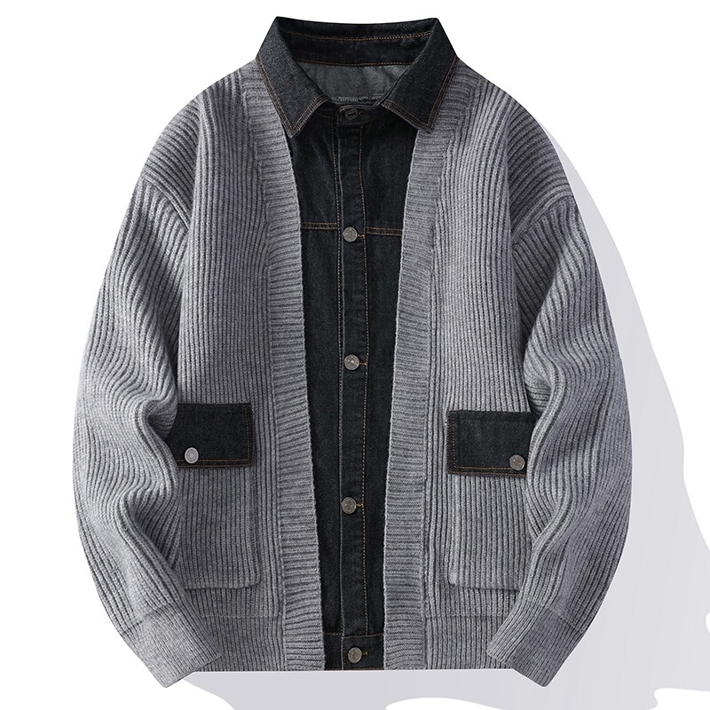 Cross-Border Knitted Cardigan with Denim Patchwork and Turn-Down Collar, Men's Sweater, New Korean Style, Trendy, Casual, Loose Fit for Spring and Autumn Cross-Border Knitted Cardigan with Denim Patchwork and Turn-Down Collar, Men's Sweater, New Korean Style, Trendy, Casual, Loose Fit for Spring and Autumn
