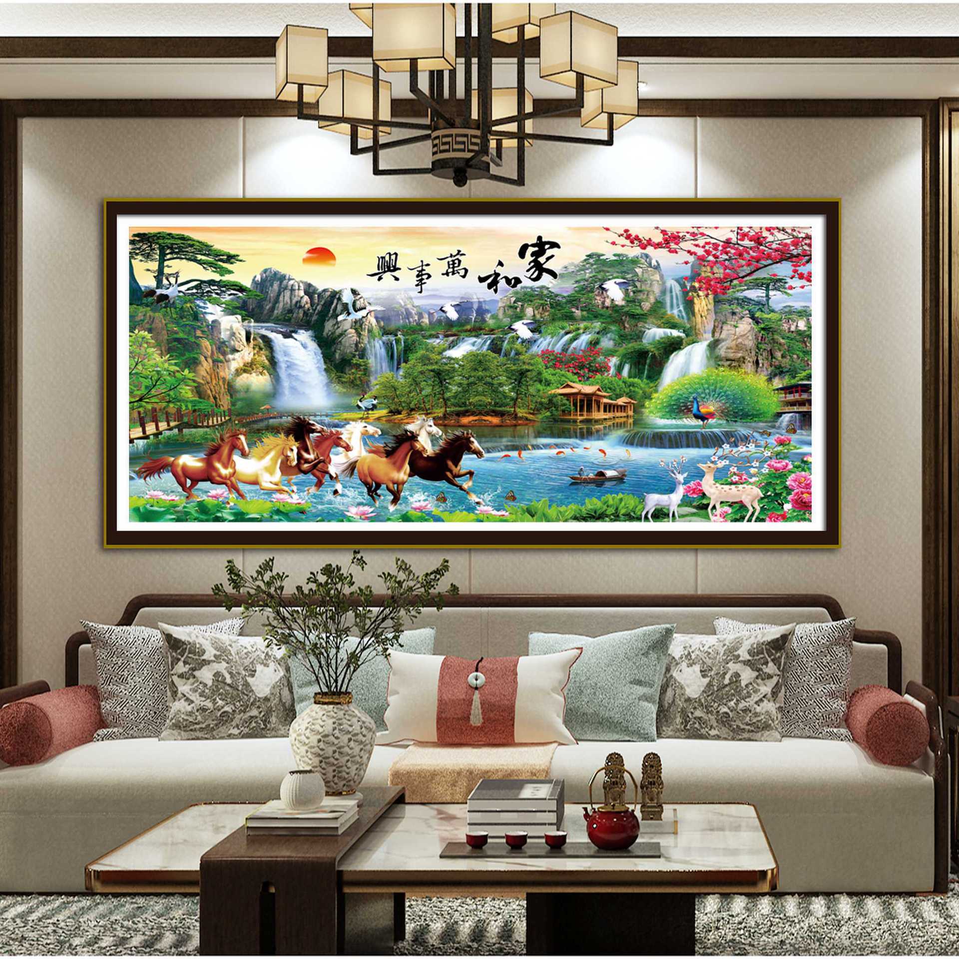 跨境代发中国风家和万事兴八骏图十字绣套件客厅装饰新款大幅满绣