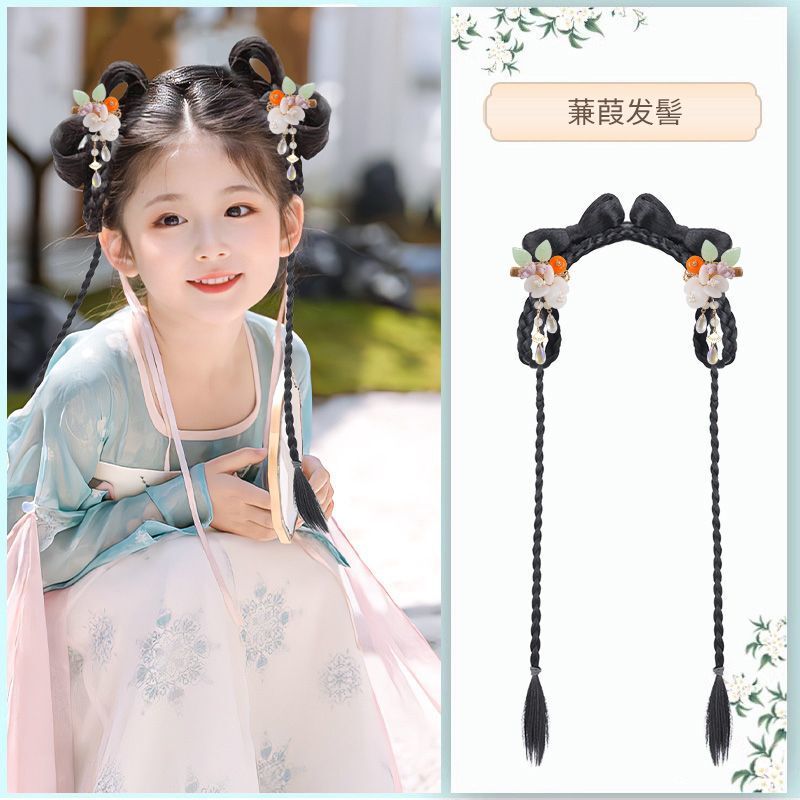 子供用漢服ウィッグ、女の子用冬衣装、オールインワンヘアフープ、衣装ロングストレートヘアピース、古代風ヘアアクセサリー、おだんごヘア|undefined
