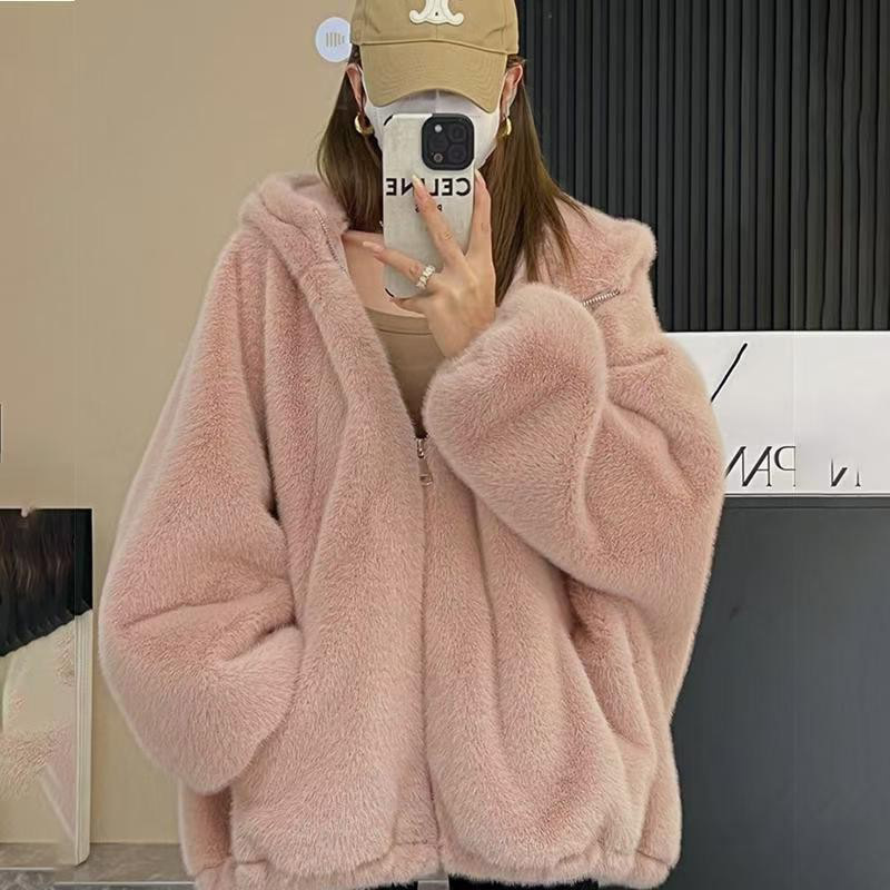 2025 New Autumn and Winter Imitation Lazy Rabbit Fur Women's Mid-Length Loose Lamb Fur Outwear Hooded Plush Outwear
