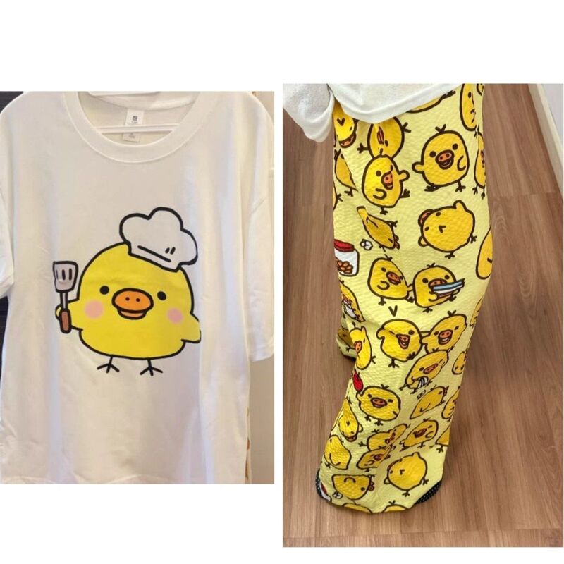 Round Neck Top + Cloud Cotton Long Pants Fashion Set for Women, Cartoon Nose-Picking Chicken Pure Cotton Short-Sleeve Student Casual Pajamas Round Neck Top + Cloud Cotton Long Pants Fashion Set for Women, Cartoon Nose-Picking Chicken Pure Cotton Short-Sleeve Student Casual Pajamas