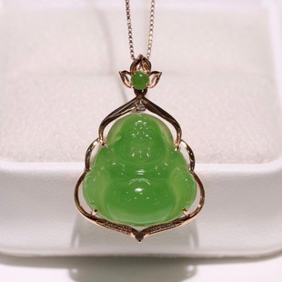 Fubei Diamond Jewelry [18K Gold Inlaid with Hetian Jasper Apple Green Buddha Pendant] Bare Stone Size Is about 18mm