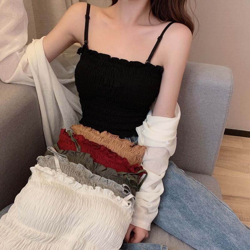Korean Style Pleated One-Line Collar Camisole with Breast Pads, Short Style, Beautiful Back, Wrapped Chest, Outer Wear, Bottoming, Inner Tube Top Intimates