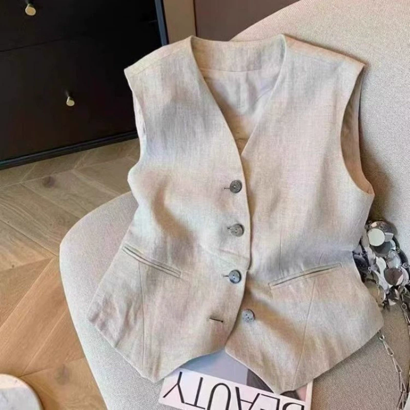 Льняной жилет в стиле «хонконгский воротник» для женщин, лето 2025, модный элегантный жилет без рукавов, топ в стиле «старые деньги»