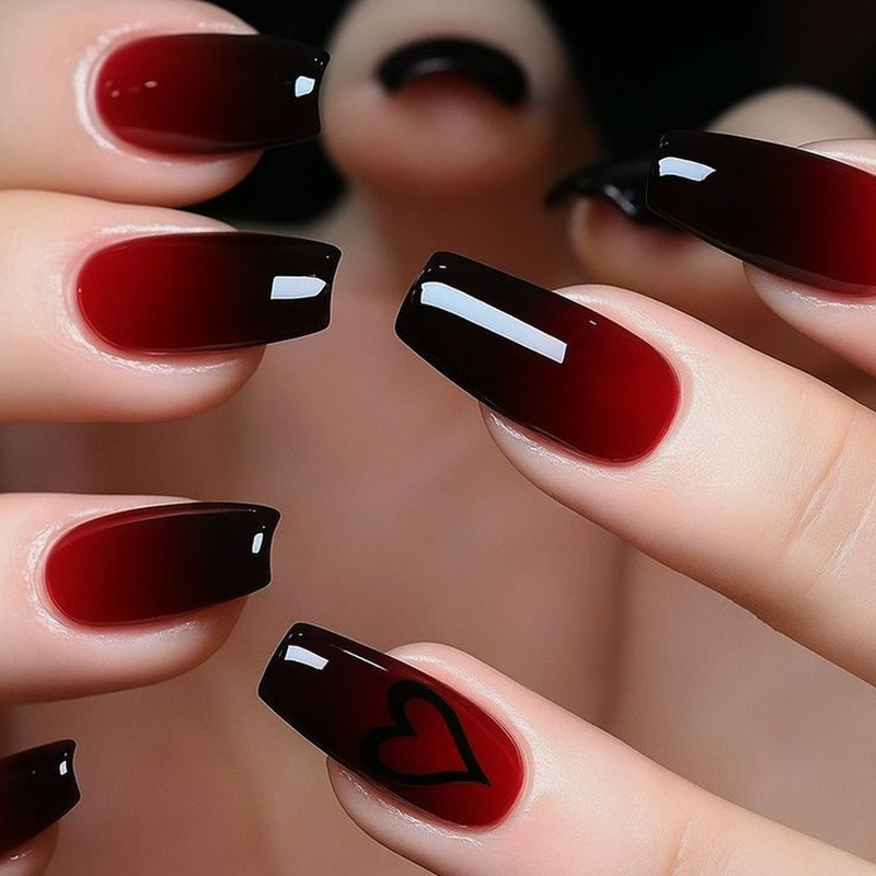 Valentine's Day Wearable Nails Medium-Length Ballet Shape Black and Red Gradient Love Print Reusable Fake Nails Valentine's Day Wearable Nails Medium-Length Ballet Shape Black and Red Gradient Love Print Reusable Fake Nails