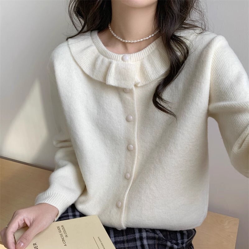 韩系学院风毛衣女温柔好看娃娃领宽松时尚外套甜美减龄针织开衫女|undefined