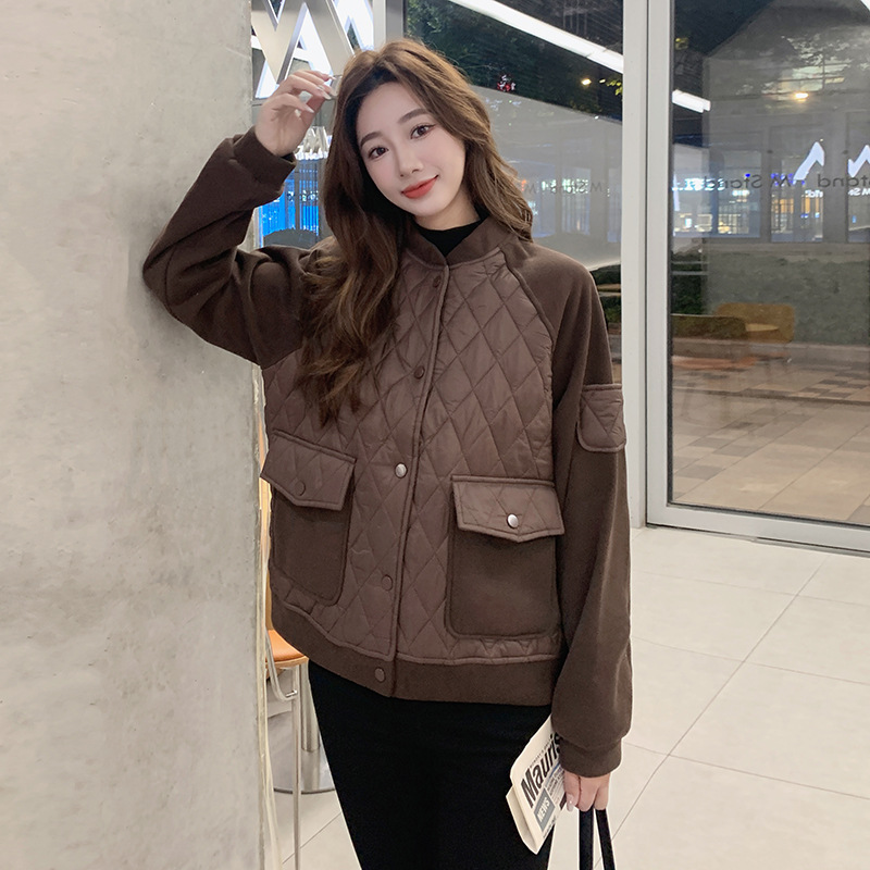 Ropa de algodón de empalme de diamante coreana para mujeres 2023 otoño y invierno nuevo abrigo de algodón caliente original de cuello redondo de diamante para mujeres