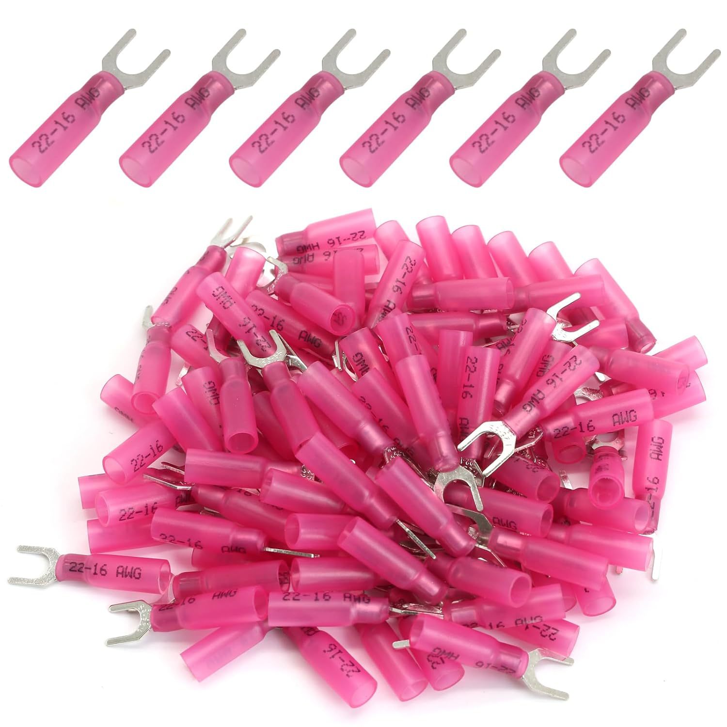 Hordion 100PCS 22-16 AWG Fork Connector, Red Heat Shrink For