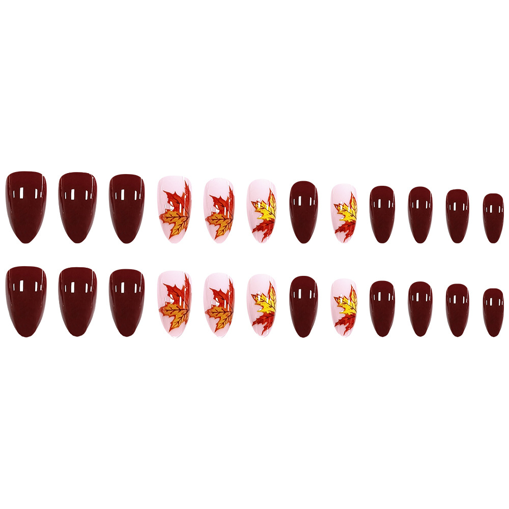 Ventas transfronterizas de vinos rojos de hoja de arce de manicura retro otoño atmósfera de uso de uñas 24 piezas de parche de uñas