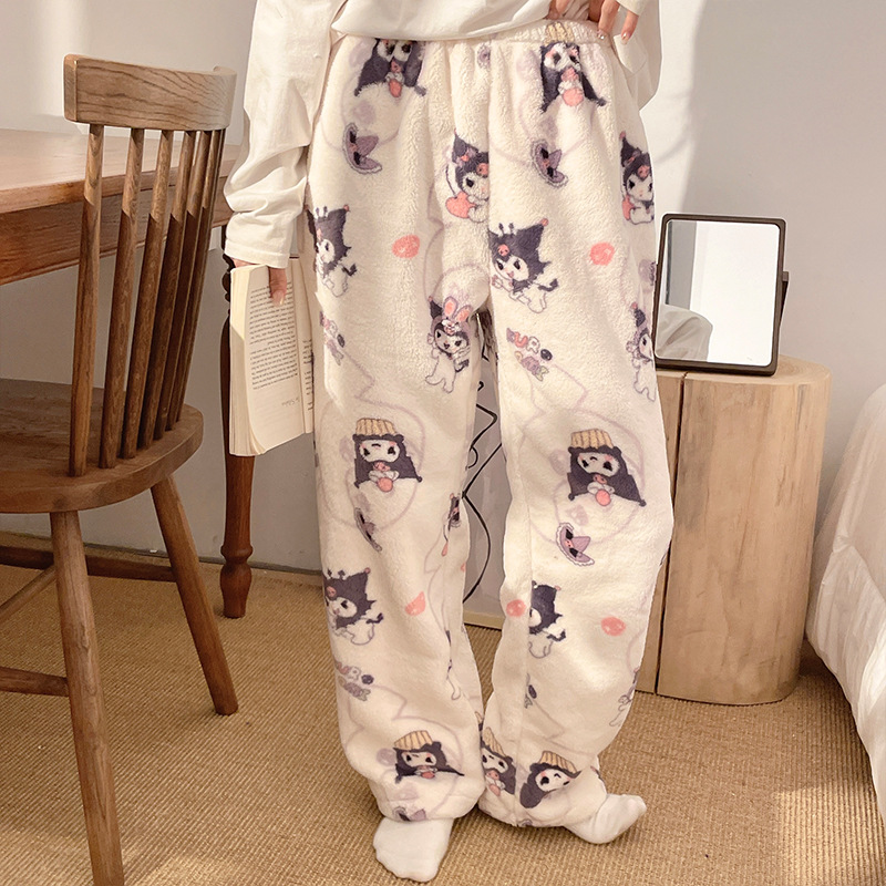 Pantalones de pijama de franela de dibujos animados de otoño y invierno para mujeres con pantalones de lana de coral caliente para estudiantes de lana de invierno para el hogar