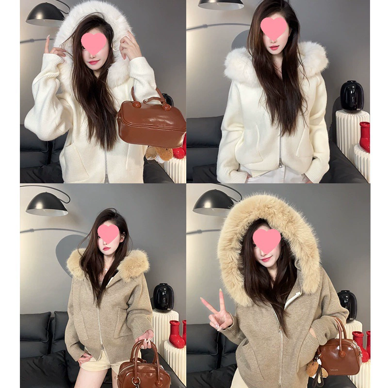 Новый осенне-зимний свитер с меховым воротником на молнии и капюшоном, короткая верхняя одежда, вязаный кардиган, свободный и универсальный для маленьких людей