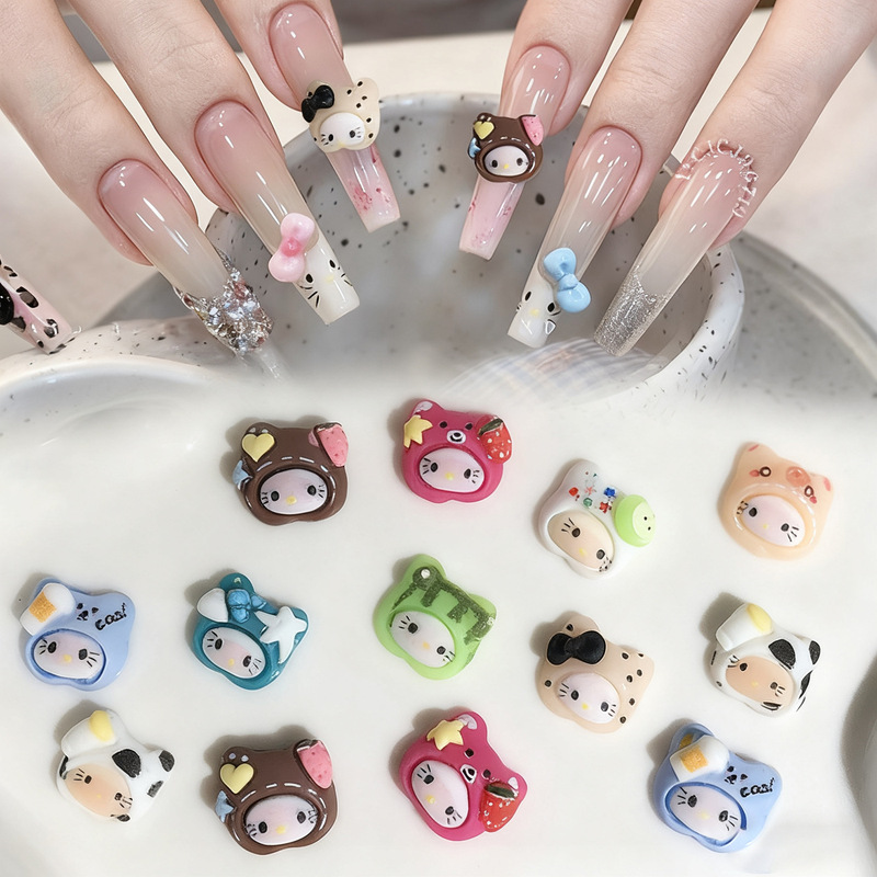 10 pieces of Kitty cat nail art decorations with caps, cartoon cute Kitty cat wearable nail art accessories, DIY nail decorations