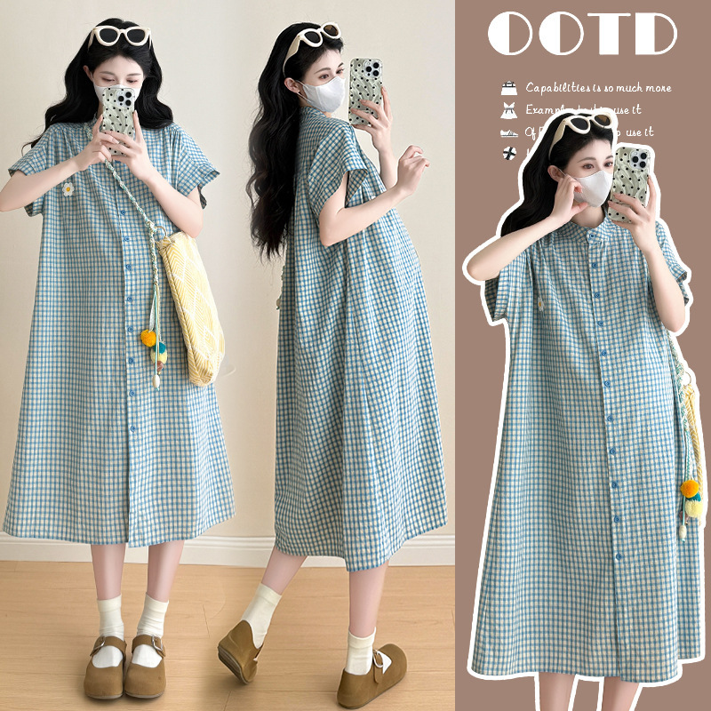 New Summer Maternity Wear Plaid Cotton Single-Breasted Short-Sleeved Shirt Dress for 2025