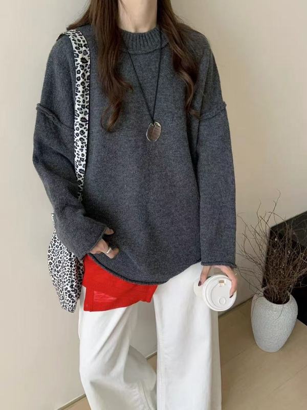 俄罗斯跨境新款纯色宽松大码圆领反套设计感套头毛衣女厚实套头衫|undefined