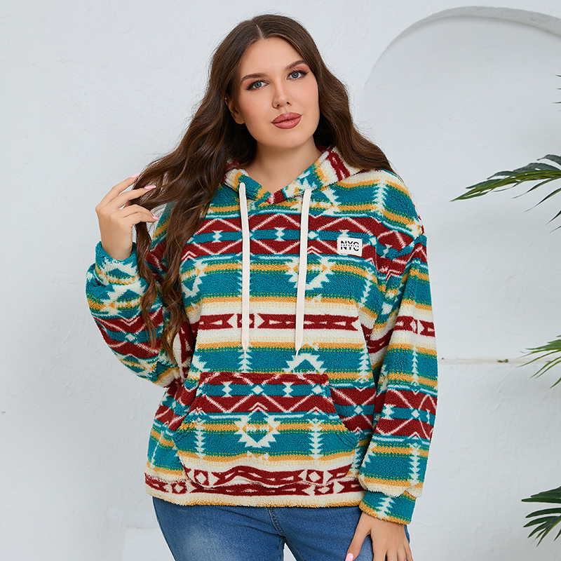 Women's Clothing striped hooded large size sweatshirt thickened loose casual long sleeved plush large pocket top_voghion.com