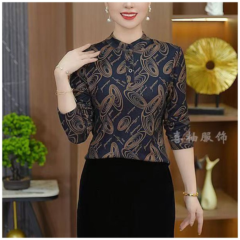 一件代发 2025秋季新款时尚印花显瘦打底衫长袖中年妈妈气质上衣