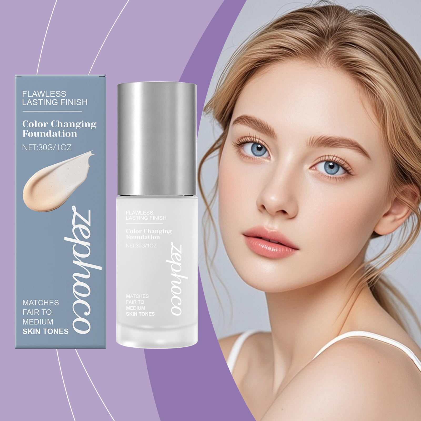 Zephoco Natural Color-Changing Light Makeup Foundation, Lightweight, Delicate, Moisturizing, and Adheres Well to Create a Daily Clear and Transparent Base Makeup Look