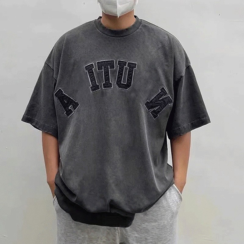 NAU 日系系トレンドブランド 冷染水洗い加工 ラウンドネック半袖Tシャツ メンズ ヘビーウェイトコットン 文字刺繍入り インナーシャツ/トップス