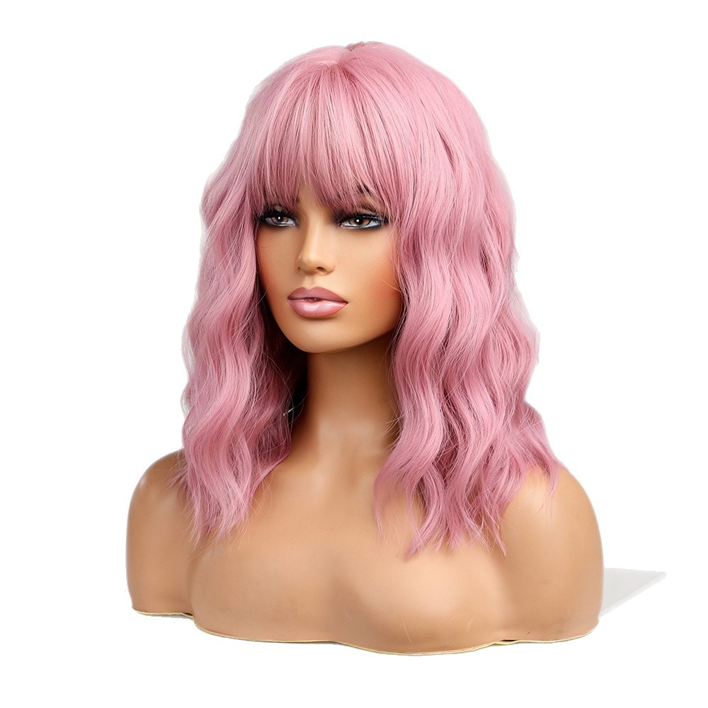 Peluca de cosplay con flequillo completo, estilo europeo y americano, muy vendida, cabello corto y rizado tipo bob en rosa cereza, peluca completa de fibra sintética natural para mujer.