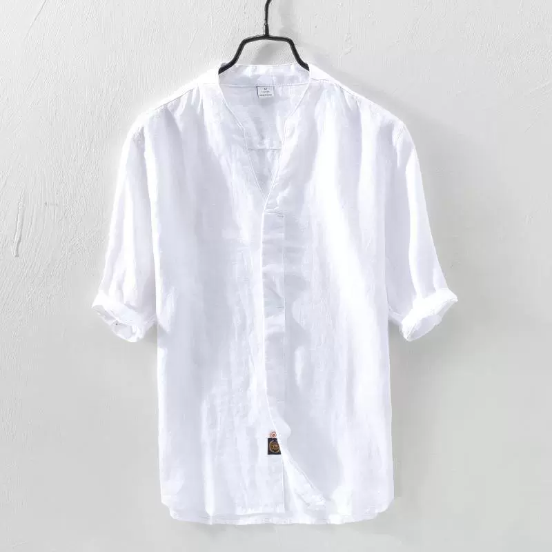 L3311 простая дышащая универсальная рубашка в стиле ретро, Мужская льняная Однотонная рубашка с короткими рукавами (преобладает запас)