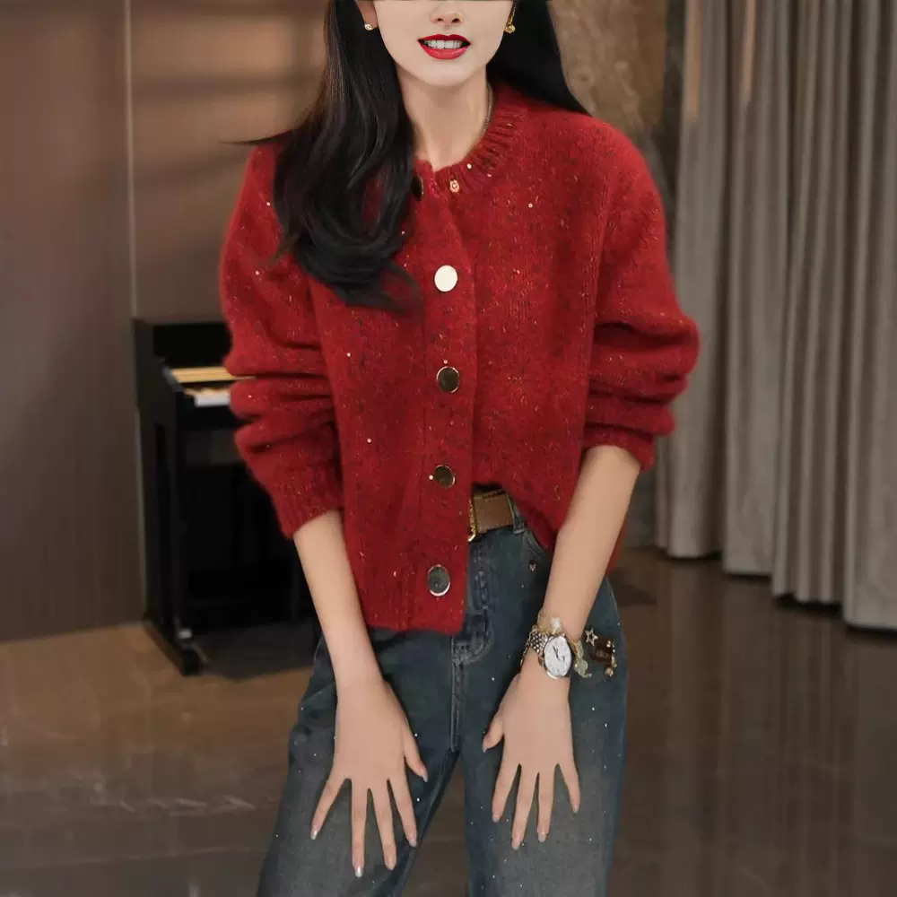 新年战袍红色针织开衫女秋冬减龄显瘦感小个子短款毛衣小外套