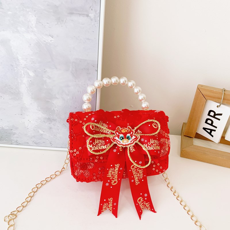 Pequeño viento rojo perfumado bolsos de Año Nuevo para niños y niñas lindos bolsos de perlas de arco 2025 nuevos bolsos de cadenas para niños