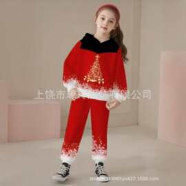 2026新款女童圣诞卫衣套装欧美风3D数码印花连帽两件套中大童潮
