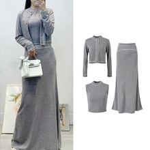 2025秋冬新款女装法式轻奢真丝羊毛时尚套装针织开衫+背心+半身裙