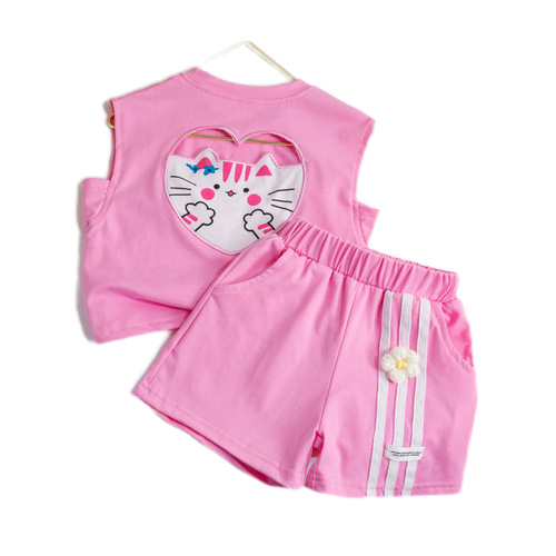 Girls Sleeveless Suit  New Summer Clothing Children's Shorts Cartoon Cat Thin Style Baby Girl Western Style Two-piece Set