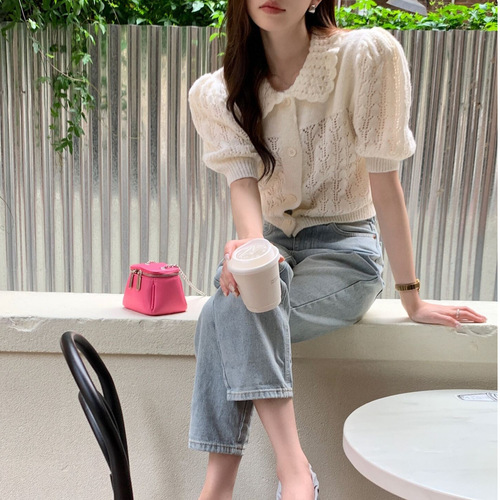 Spring and Summer Women's Short Sleeve Knit Top with Baby Collar, Small Figure Outfit, Bubble Sleeve White T-Shirt for Women