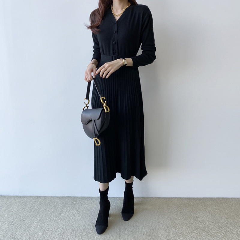 现货 韩国 秋冬新品百搭针织领收腰大摆长款连衣裙 女2025|undefined