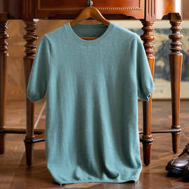 男士短袖100纯山羊绒衫秋冬季圆领针织打底羊毛半袖T恤毛衣体恤衫