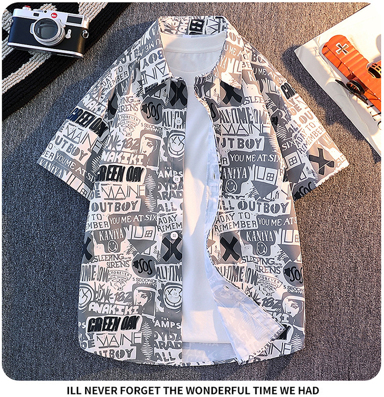 Men's Hawaiian Style Printed Short Sleeve Shirt Trendy Loose Casual Lapel Beach Wear_viptrois.com