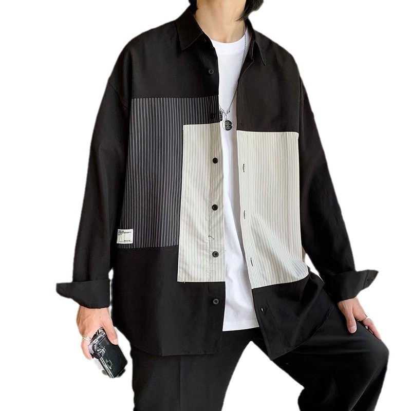 2024 marca de moda camisa de manga larga de color en contraste con costuras estadounidenses para hombres, camisa de herramientas japonesa de solapa informal suelta coreana