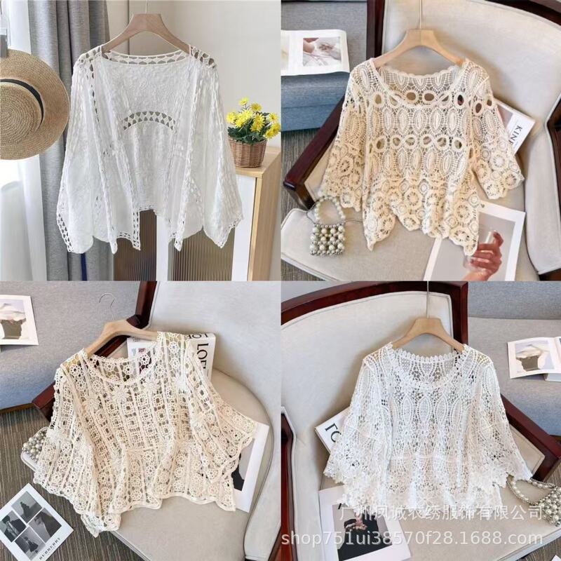 Solid Color Hollow Crochet Round Neck Long-Sleeved Knitwear for Women Spring New Niche Versatile Slimming Look Short Bottoming Blouse