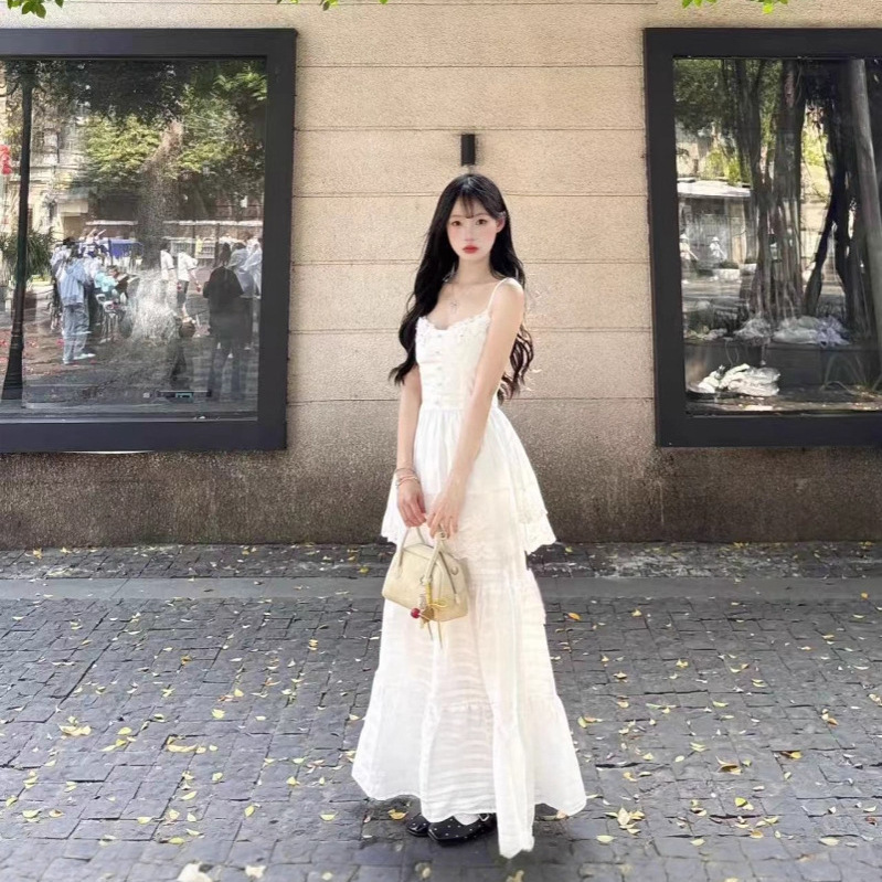 西西里漫花甜美套装白色设计吊带裙新款吊带半身裙连衣裙两件套|undefined