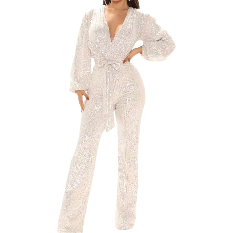 Ropa de mujer europea y americana Amazon Otoño e Invierno moda popular elegante lentejuelas pantalones de una pieza sexy cuello en V Pantalones anchos