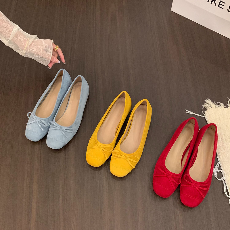 French-Style Round-Toe Women's Flat Shoes 2025 Spring/Summer Bow-Knot Suede Shallow Mouth Soft-Soled Ballet Granny Shoes Low Heel