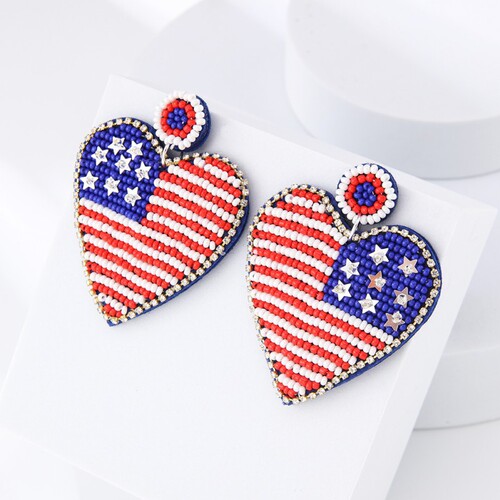 American Independence Day Fabric Bead Earrings with National Style, Handmade Heart-shaped Flag Sparkle Earrings, Wholesale