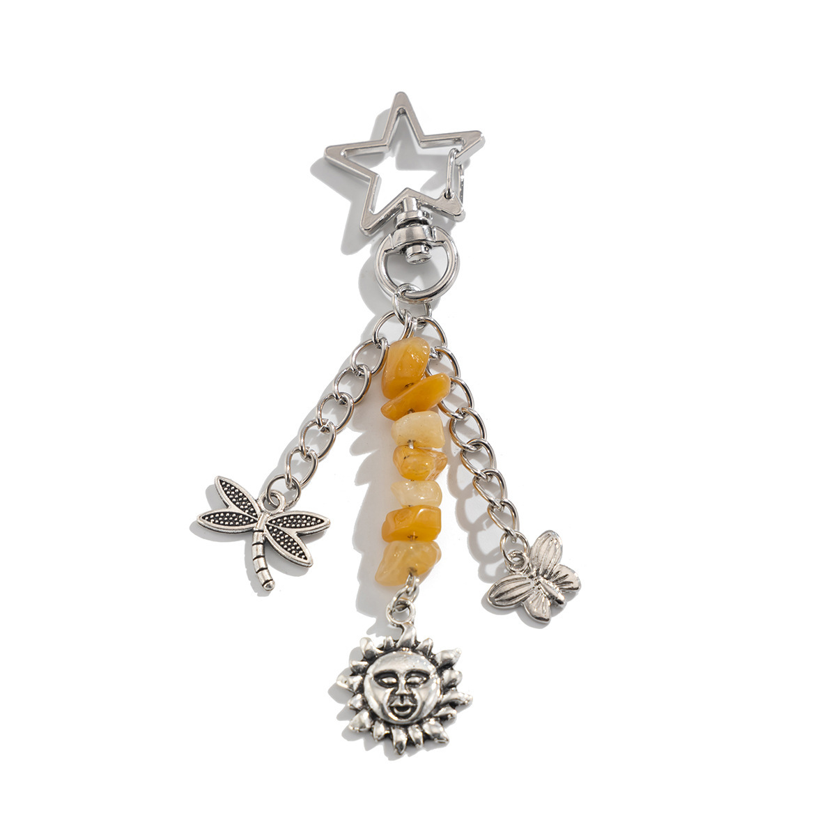Moon And Sun Irregular Stone Keychain With Butterfly Pendant_voghion.com