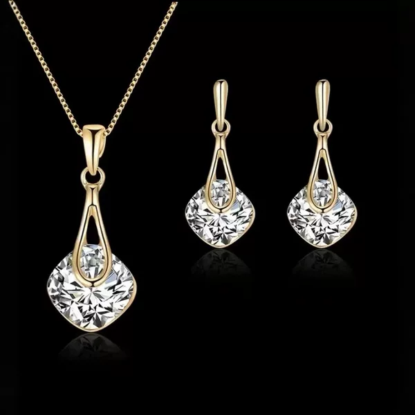 New Korean Style Personalized Square Jewelry Set Alloy Electroplated Glass Necklace Earrings Jewelry Set Cross-Border Ready Stock