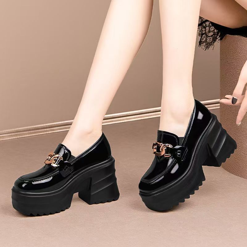Soft-Soled Patent Leather Thick-Soled Platform Small Leather Shoes for Women, Small Height-Increasing Thick-Heeled High-Heeled Casual Shoes, Loafers for Women