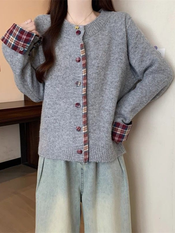 韩系简约慵懒风圆领针织毛衣女2025秋冬新款宽松显瘦长袖开衫上衣|undefined