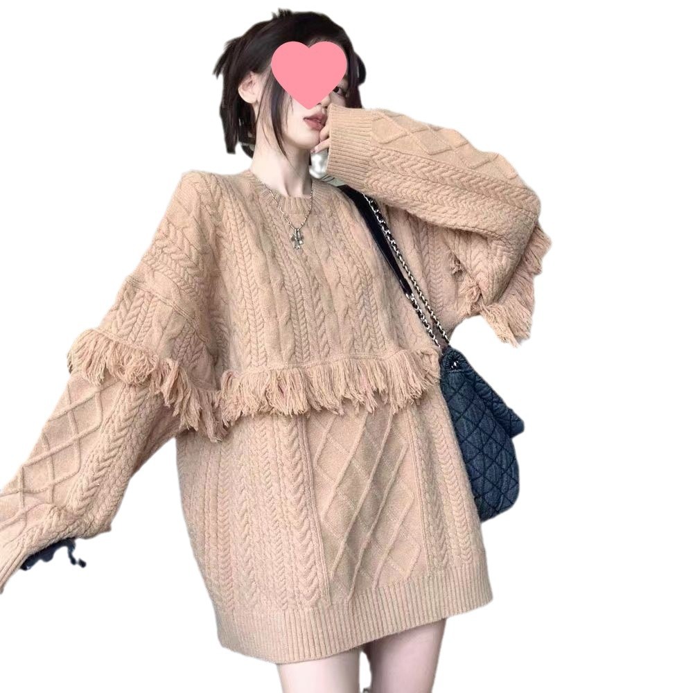 가을과 겨울 느슨한 350KG 통통녀 초대형 슬림 게으른 바람 스웨터 긴 트위스트 스웨터 여성