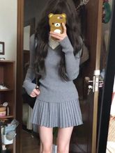 韩系学院风针织上衣套装女秋冬设计感假两件毛衣收腰显瘦百褶短裙