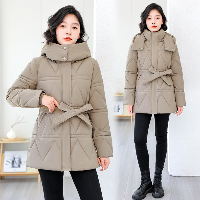 中长款修身腰带棉服女2025新款时尚简约外穿加厚保暖冬外套