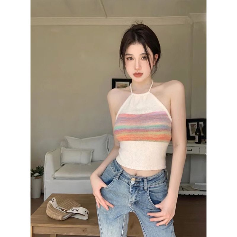 Knitted Woolen Stripesd Contrasting Color Vest Spring and Summer Women's New Slim Fit Elegant Short Style Exposed Waist Back Base