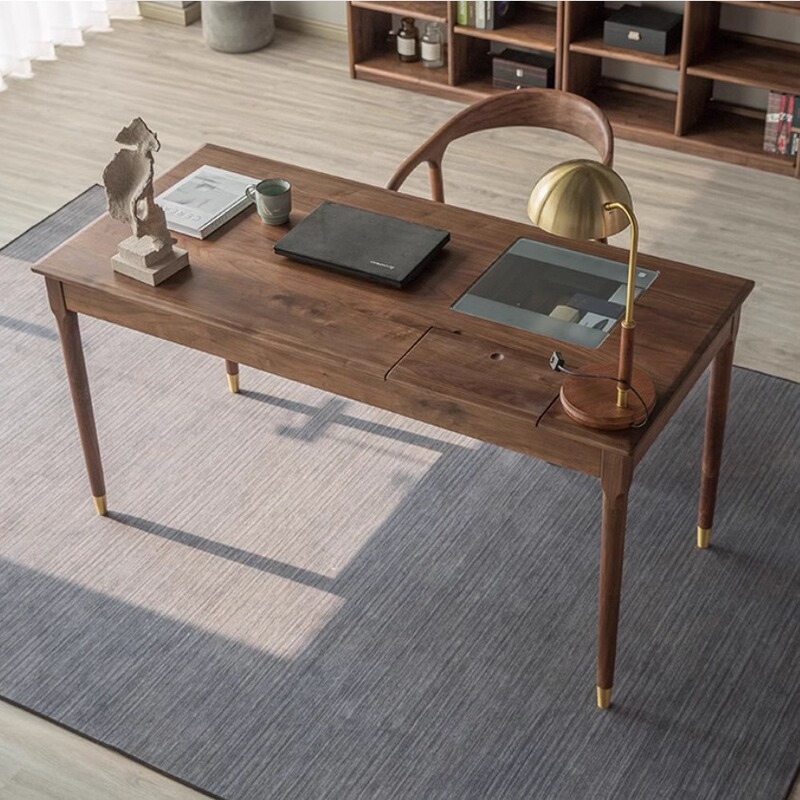 Household Modern Small Apartment Cherry Wood Table North American Black Walnut Solid Wood Glass Desk Study Table Table Walnut